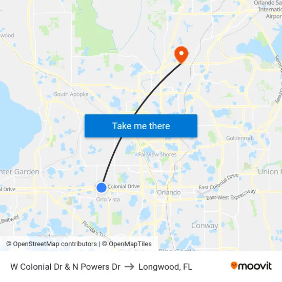 W Colonial Dr & N Powers Dr to Longwood, FL map