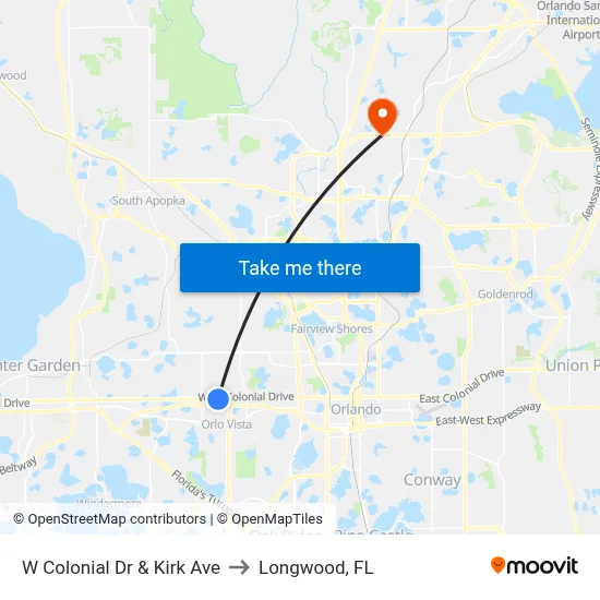 W Colonial Dr & Kirk Ave to Longwood, FL map
