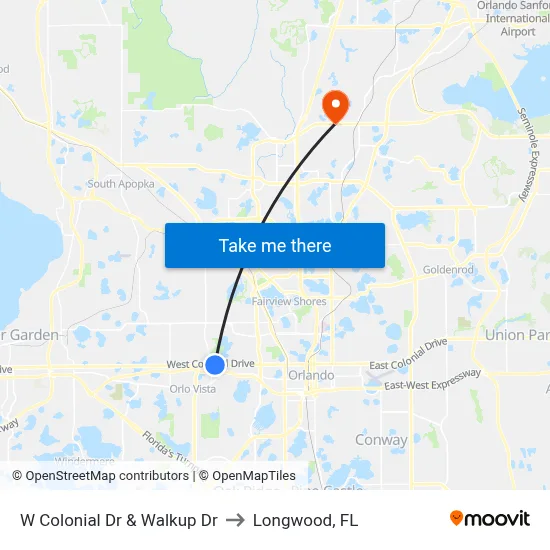 W Colonial Dr & Walkup Dr to Longwood, FL map