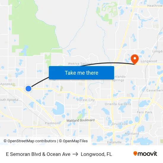E Semoran Blvd & Ocean Ave to Longwood, FL map