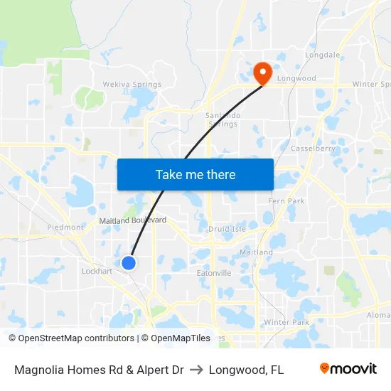 Magnolia Homes Rd & Alpert Dr to Longwood, FL map