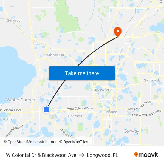 W Colonial Dr & Blackwood Ave to Longwood, FL map