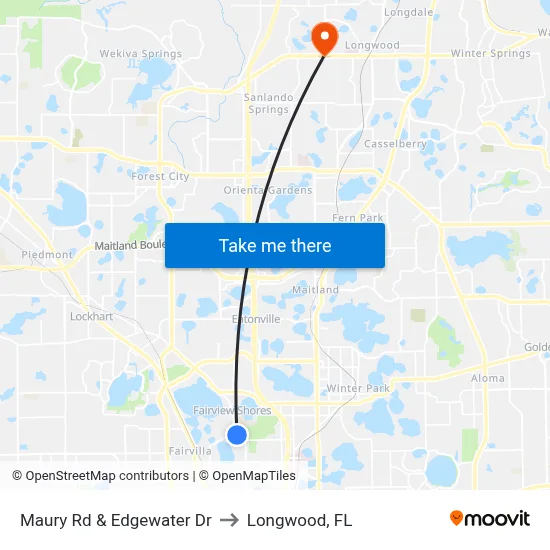 Maury Rd & Edgewater Dr to Longwood, FL map