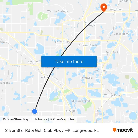 Silver Star Rd & Golf Club Pkwy to Longwood, FL map