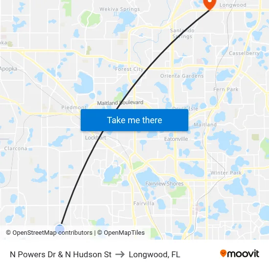 N Powers Dr & N Hudson St to Longwood, FL map