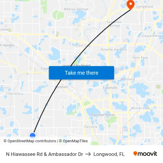 N Hiawassee Rd & Ambassador Dr to Longwood, FL map