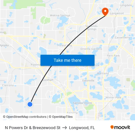 N Powers Dr & Breezewood St to Longwood, FL map
