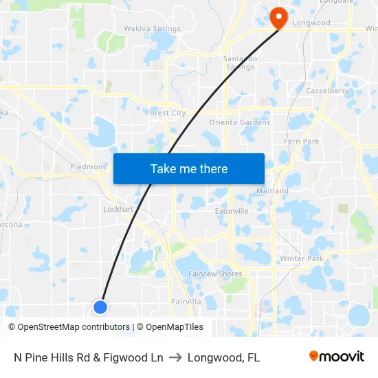N Pine Hills Rd & Figwood Ln to Longwood, FL map