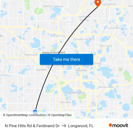 N Pine Hills Rd & Ferdinand Dr to Longwood, FL map