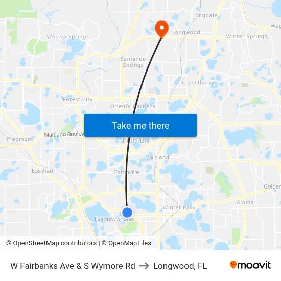 W Fairbanks Ave & S Wymore Rd to Longwood, FL map