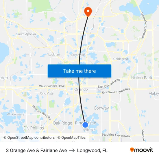 S Orange Ave & Fairlane Ave to Longwood, FL map