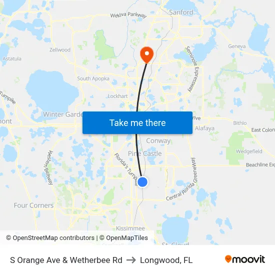 S Orange Ave & Wetherbee Rd to Longwood, FL map