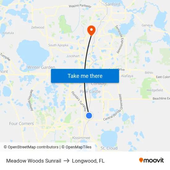 Meadow Woods Sunrail to Longwood, FL map