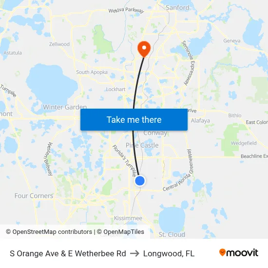 S Orange Ave & E Wetherbee Rd to Longwood, FL map