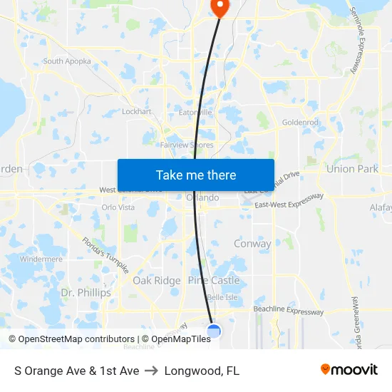 S Orange Ave & 1st Ave to Longwood, FL map