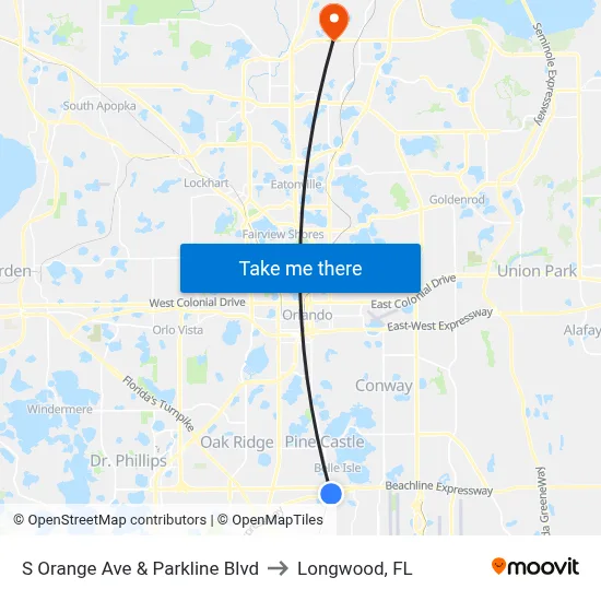 S Orange Ave & Parkline Blvd to Longwood, FL map