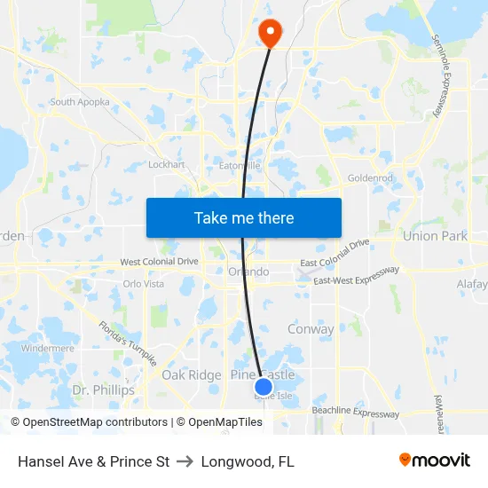 Hansel Ave & Prince St to Longwood, FL map