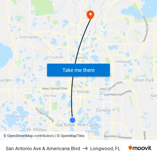 San Antonio Ave & Americana Blvd to Longwood, FL map