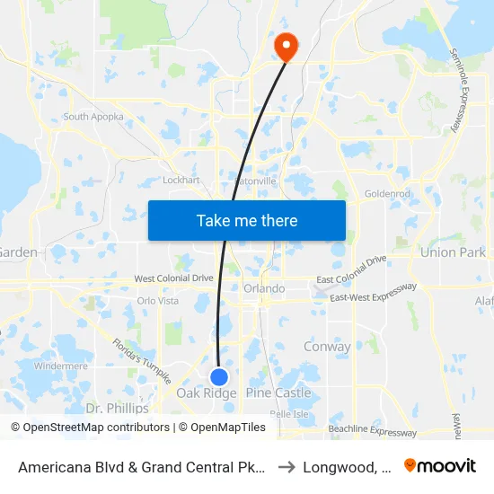 Americana Blvd & Grand Central Pkwy to Longwood, FL map