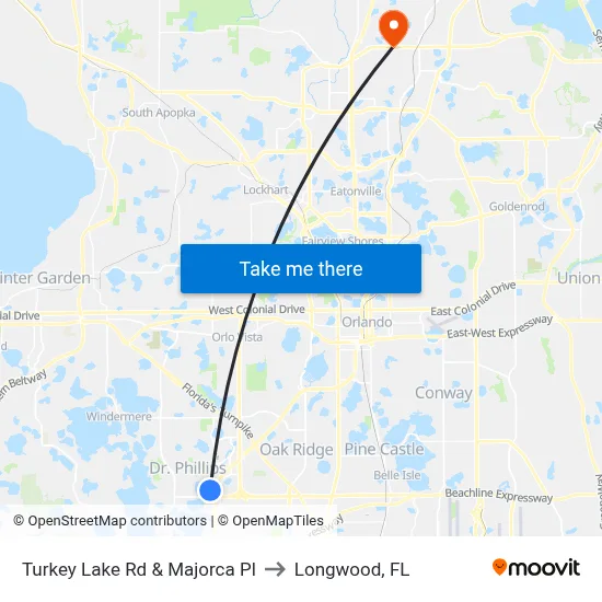Turkey Lake Rd & Majorca Pl to Longwood, FL map