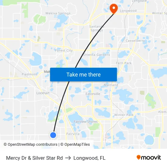 Mercy Dr & Silver Star Rd to Longwood, FL map