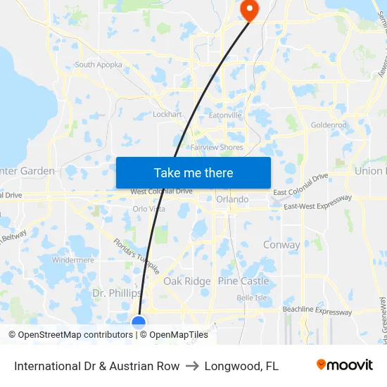 International Dr & Austrian Row to Longwood, FL map