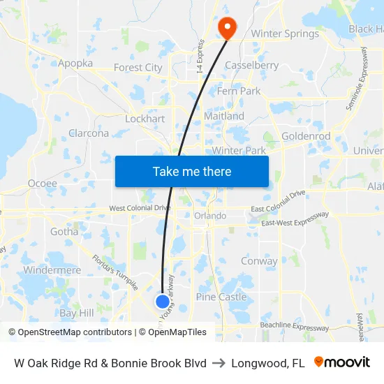 W Oak Ridge Rd & Bonnie Brook Blvd to Longwood, FL map
