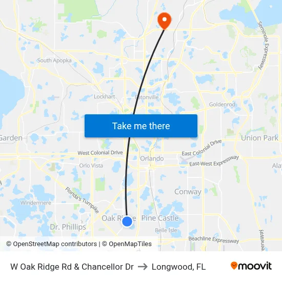 W Oak Ridge Rd & Chancellor Dr to Longwood, FL map