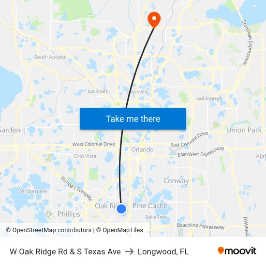 W Oak Ridge Rd & S Texas Ave to Longwood, FL map