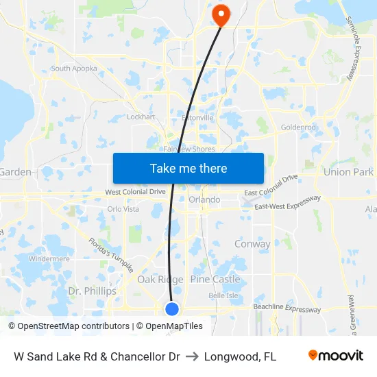 W Sand Lake Rd & Chancellor Dr to Longwood, FL map