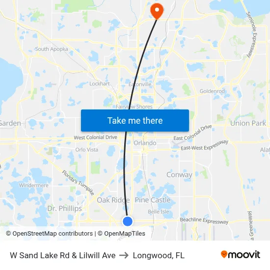 W Sand Lake Rd & Lilwill Ave to Longwood, FL map