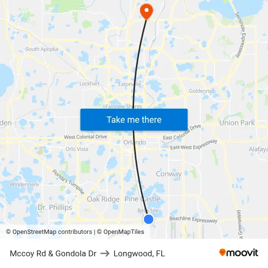 Mccoy Rd & Gondola Dr to Longwood, FL map