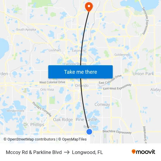 Mccoy Rd & Parkline Blvd to Longwood, FL map