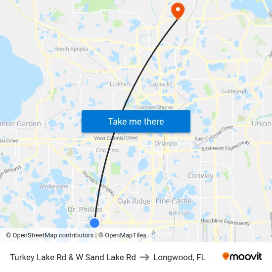 Turkey Lake Rd & W Sand Lake Rd to Longwood, FL map