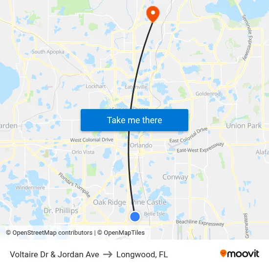 Voltaire Dr & Jordan Ave to Longwood, FL map