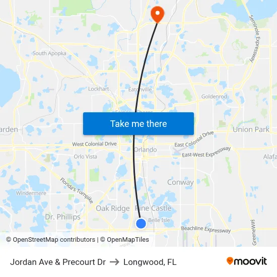 Jordan Ave & Precourt Dr to Longwood, FL map