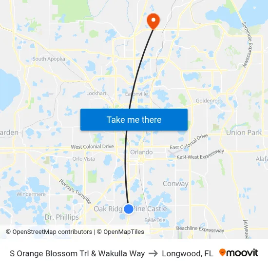S Orange Blossom Trl & Wakulla Way to Longwood, FL map