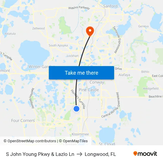 S John Young Pkwy & Lazlo Ln to Longwood, FL map