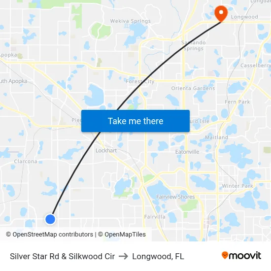 Silver Star Rd & Silkwood Cir to Longwood, FL map