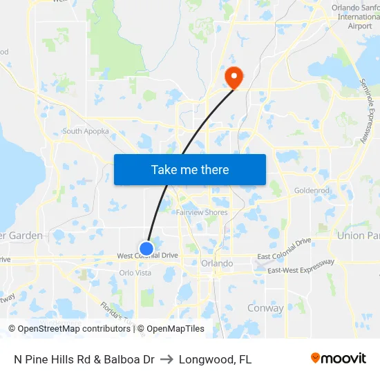 N Pine Hills Rd & Balboa Dr to Longwood, FL map