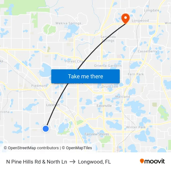 N Pine Hills Rd & North Ln to Longwood, FL map