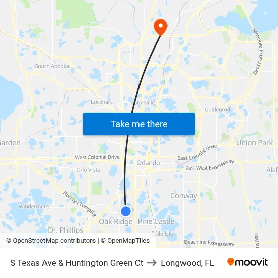 S Texas Ave & Huntington Green Ct to Longwood, FL map