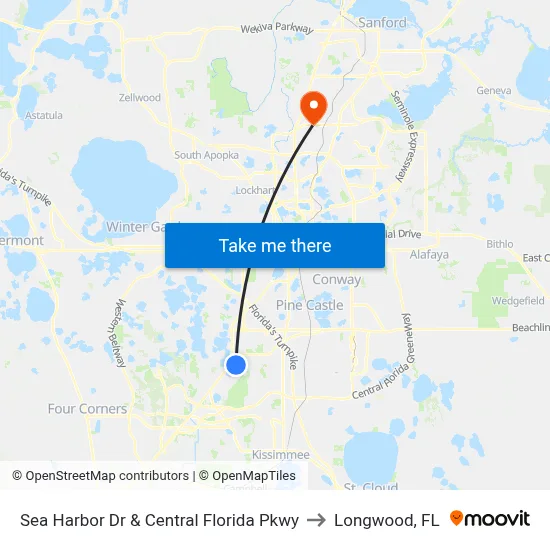 Sea Harbor Dr & Central Florida Pkwy to Longwood, FL map