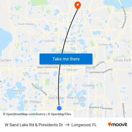 W Sand Lake Rd & Presidents Dr to Longwood, FL map