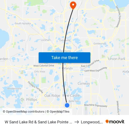 W Sand Lake Rd & Sand Lake Pointe Loop to Longwood, FL map
