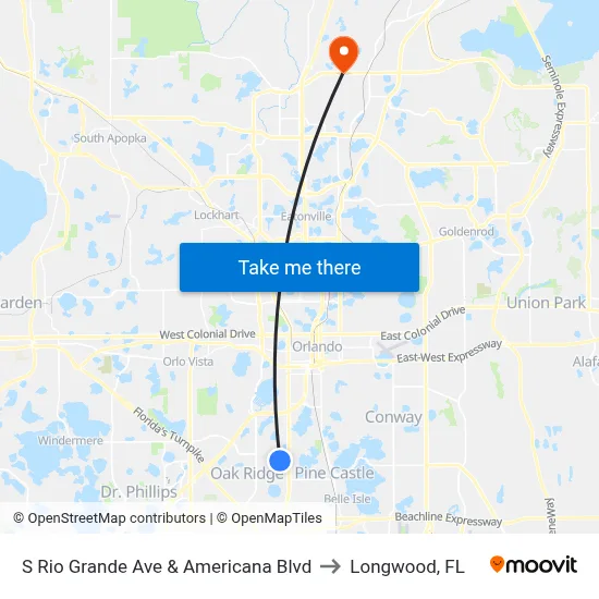 S Rio Grande Ave & Americana Blvd to Longwood, FL map