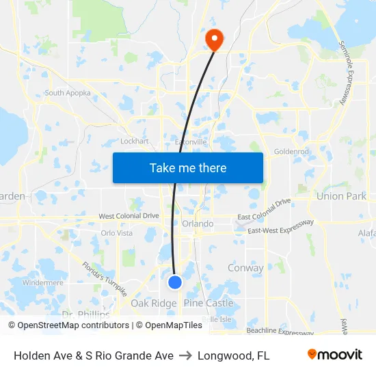 Holden Ave & S Rio Grande Ave to Longwood, FL map