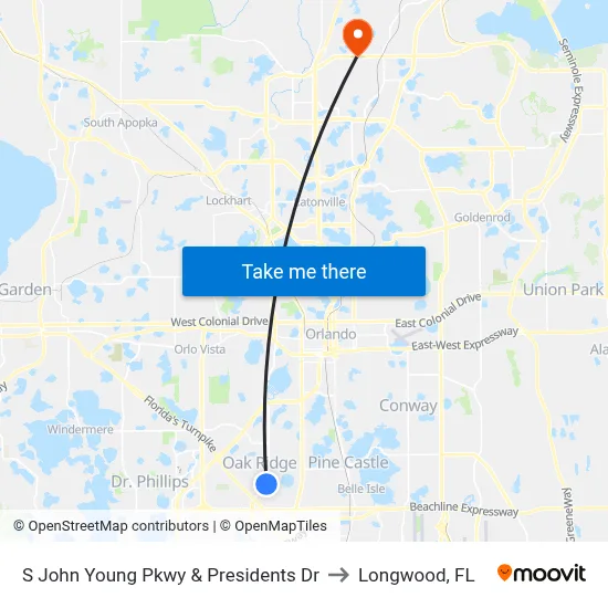 S John Young Pkwy & Presidents Dr to Longwood, FL map