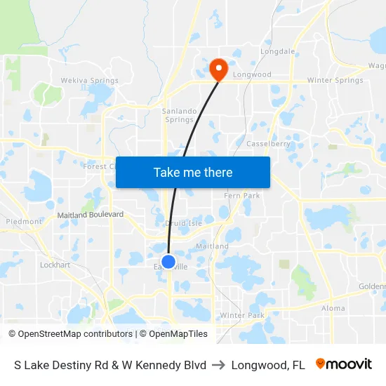 S Lake Destiny Rd & W Kennedy Blvd to Longwood, FL map