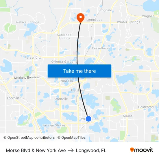 Morse Blvd & New York Ave to Longwood, FL map